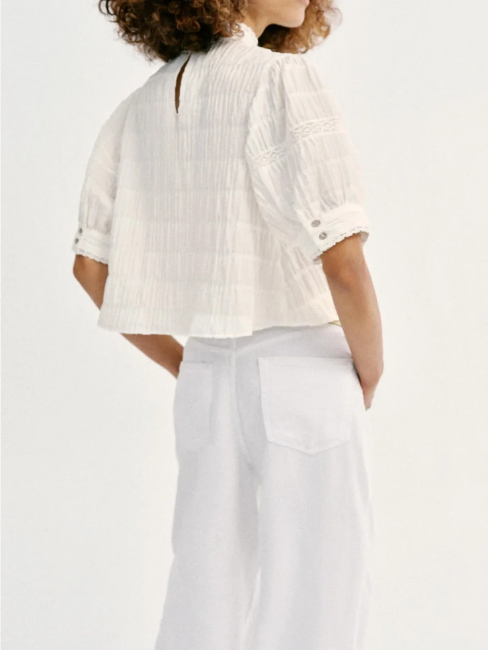 Zara Cream Lace-Panel Puff Sleeve Blouse